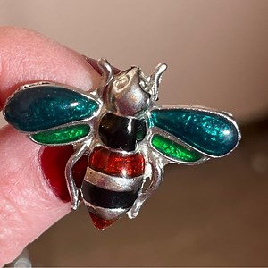 Vintage 80 90 Retro Heavy silver maximalism Red Green Bubble bee Pin brooch