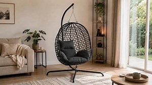 Hängesessel mit Gestell; Hängekorb Sessel; Schwebeliege Rattan Outdoor & Indoor Relax-Stuhl; Egg Schaukel ideal für Garten, Terasse, Kinderzimmer, Leseecke UVM. 120kg Tragkraft (Grau)