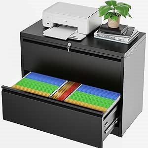 Pataku Metal Lateral File Cabinets with Lock, 2 Drawer Black Lateral Filing Cabinet for Legal/Letter A4 Size, Locking Metal Wide File Cabinet for Home Office