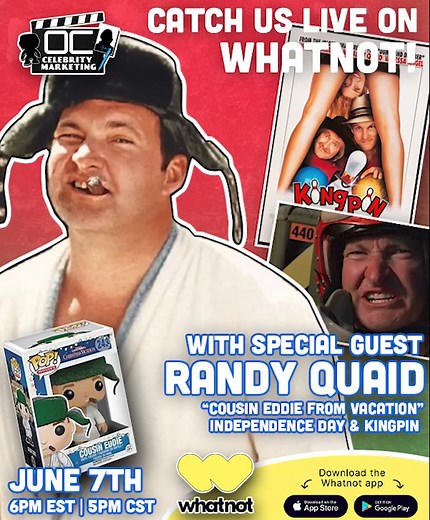 We are excited to announce our next in-studio celebrity Whatnot signing!! Join Randy Quaid on June 7th at 6 PM EST / 3 PM PST where he will sign Funkos, Photos etc. with character names and quotes etc! Randy is best known for his role of Cousin Eddie in the National Lampoon’s Vacation films, as well as his roles in “The Last Detail,” “Midnight Express,” “Home on the Range,” and won a Golden Globe and was nominated for an Emmy Award for his portrayal of U.S. President Lyndon Johnson in “LBJ: The 