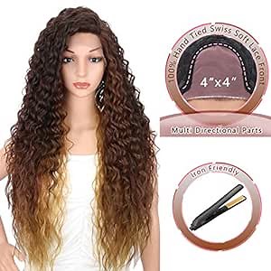 Amazon.com : Kalyss 28 Inches 4x4" Multi Directional Parts Synthetic Lace Front Wigs for Black Women Heat Resistant Curly Wavy Free Parting 150% Density Frontal Lace Multi Ombre Brown Wigs with Baby Hairs : Beauty & Personal Care