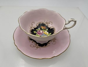 Antique Paragon Tea Cup & Saucer, by Appointment, Pink, Black With Hand Painted Flowers, Scalloped Edges, Wide Mouth, Made in England - Etsy
