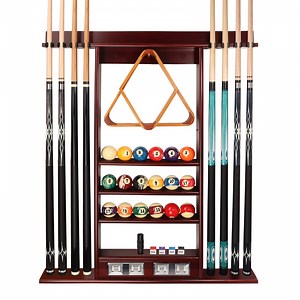GSE Games & Sports Expert Pool Cue Stick Hanging Wall Mounting Rack with Score Counter, Cue Rack Only. Holds 8 Pool Cue Stick, Billiard Ball and Ball Rack - Mahogany