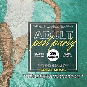 12 reactions | End of the month Adult Pool Party! This Saturday starting at 11:30am to 3:00pm! Please keep in mind that you must be 21 or over to attend. Wristbands and ID are required to purchase alcohol. Beer, slushly cocktails and water will be available for purchase. NOTE: outside alcohol, personal cups/tumbler and ice chests are NOT permitted during event. Who's ready to catch some rays with us?? ☀ | Mountain Lakes Resort: Lytle Creek, CA | Facebook