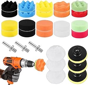 HOTBEST 29 Pcs Car Polishing Pad Kit, 3inch Car Foam Drill, Washable Buffing Polishing Pads Kit Sponge Polishing Pads Wool Fiber Polishing Pad Car Detailing Drill Waxing Polishing Kit for Car