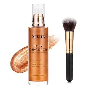 XIFEPFR Body Shimmer Oil, Bronze Gold Luminizer Face Highlighter Liquid Illuminator With Makeup Brush, Long Lasting Moisturizing Glitter Oil for Makeup Brighten