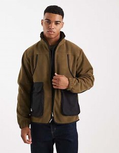 Parlez multi panel logo zip through fleece jacket in khaki | ASOS