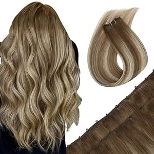 Sunny Hair Beaded Weft Hair Extensions Human Hair 22inch Micro Bead Weft Hair Extensions Chestnut Brown Roots to Platinum Blonde Balayage Hair Extensions Weft With Beads Long Straight Hair 50g