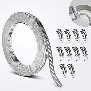 Adjustable Hose Clamp Band Clamp - 304 Stainless Steel Clamp Strap with 10pcs Worm Fasteners, Large DIY Radiator Pipe Clamps Garden Hose Clamps for Automotive, Plumbing, Tube and Fuel Line (11.5FT)