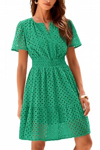 PRETTYGARDEN Womens Summer Short Dress V Neck Short Sleeve A Line Wear To Work Hollow Out Lace Ruffle Cute Casual Beach Party Dresses