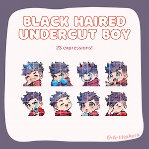 23 émoticônes Twitch cheveux noirs pour garçon - lot, lot, autocollants, Discord, YouTube, joueur, streamer, mignon, kawaii, chibi, anime, homme, homme, mec - Etsy France