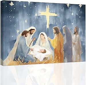 ZXHYWYM Canvas Nativity Baby Jesus Wall Art Nativity Scene Christmas Pictures Wall Decor Christ Art Prints Framed (A, (28.00" x 42.00"))