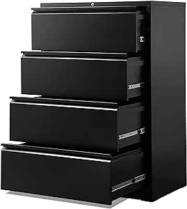 Bonusall Black File Cabinet with Lock, 4 Drawers Steel Lateral Filing Cabinet Lockable for Office, Metal Horizontal File Cabinets with Hanging Rack for Legal and Letter Size, Heavy Duty