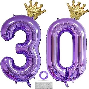 Purple 30 Number Balloon 40 inch Jumbo Foil Balloons with Detachable Crown Foil Prom Balloon for 30th Birthday Party Decoration 30 Wedding Anniversary Photos Props Supplies
