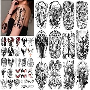 77 Sheets Temporary Tattoos Adult Kid, Angels Wings Skeleton Death Skull Demon Devil Cupid Half Arm Sleeve Fake Tattoo Stickers, Halloween Tattoos