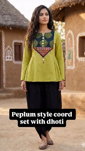 Customised this for a dear patron - Ajrakh patchwork kurti with kutch patch stitched as a peplum style top and paired with dhoti pants! Get in touch today at 91-8141897676 | Sangisathi Charitable Foundation