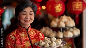 An elegant elderly woman dressed in a red cheongsam holds a plate of bao bun, which represent the spirit of longevity and prosperity. A mature woman with a serene smile, dressed in a festive outfit, a