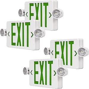 LED Exit Sign Emergency Lights Combo Adjustable Two Head, Double Sided and Battery Backup, Green Letter Commercial Hardwired Emergency Exit Light, AC 120/277V, UL Listed, Ceiling&Wall Mount (4 Pack)