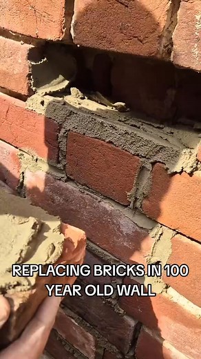 Replacing brick in the 100 yearold wall #bricktok #bricklaying #construction #buildingwithbudd | Rhianna Conroy