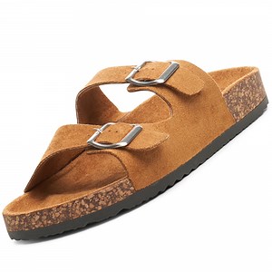 Alpine Swiss Womens Double Strap Contour Sandals Slip on Buckle Slides Vegan Leather Footbed Sandal Ergonomic Cork-Inspired Sole Summer Footwear