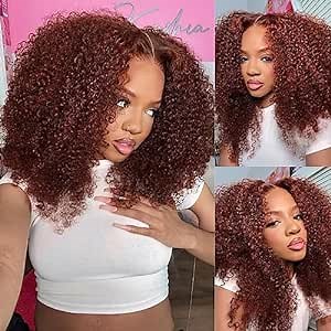 UNICE Glueless Wigs Human Hair Pre Plucked Pre Cut Put on and Go Reddish Brown Kinky Curly 6x4.75 Lace Front Wig Human Hair with Elastic Band Beginner Wig 16 inch
