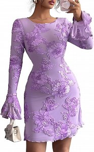 PRETTYGARDEN Women's Floral Embroidered Dress Fall Long Bell Sleeve Ribbon Flower Mini Short Mesh Bodycon Party Dresses