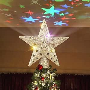 Christmas Tree Topper Lighted Star Tree Topper with LED Rotating Snowflake Projector Lights,3D Hollow Tree Topper for Tree Decorations
