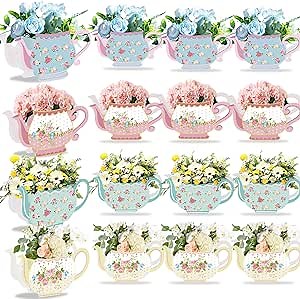 12 Pcs Tea Party Decorations Flower Boxes Centerpiece Large Floral Tea Teapot Vintage Teapot Vase Table Centerpieces Floral Box Decor for Tea Party Wedding Bridal Baby Shower Birthday Decor