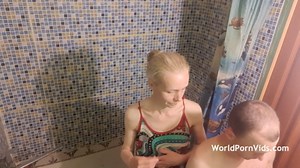 Tall skinny housewife fucks with a shorter partner under shower