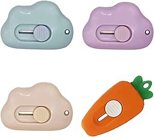 Mini Box Cutter Cute Cloud Box Cutter, Retractable Letter Opener Plastic Utility Knives Slide Open with Keychain Hole for Envelope, Box, Letter, 3 Cloud +1 Carrot