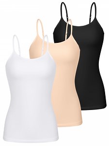 Charmo 3-packs Cotton Scoop Neck Tank Tops for Womens Adjustable Spaghetti Strap Undershirts Basic Camisole with Shelf Bra