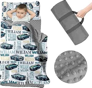 Custom Toddler Nap Mat for Preschool - Personalized Name Car Pattern Nap Mats for Daycare Kindergarten Toddler Boys, Sleeping Bag with Pillow Blanket Set, Thick Padded Easy Roll Up