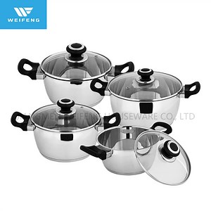[Hot Item] 8 PCS Conical Shape Stainless Steel Cookware with Black Color Bakelite Handle Cookware Set