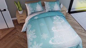 Castle Fairy Merry Christmas Full Size Comforter Set,Glitter Xmas Trees Shiny Light Decor Bedding Comforters Bedroom Collection,Blue Shiny Stars Snowflake Bedding Set for Girls Teens