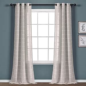 Lush Decor Farmhouse Textured Grommet Sheer Window Curtain Panel Pair, 38"W x 108"L, Gray