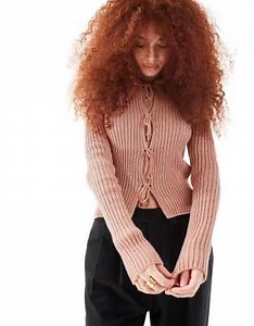 ASOS DESIGN tie front bow cardigan with crew neck in pink | ASOS