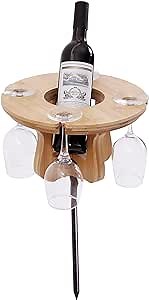 WELLAND Sturdy Wine Table for outdoor, Beach,Lawn and Garden, Portable Small Wine Table with Glass and Bottle Holder for Camping, Bamboo
