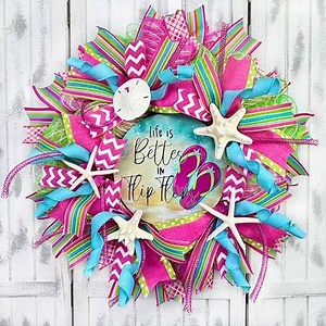 Artisan life is better in flip flops summer, beach, coastal wreath for front door outside, hot pink/turquoise/green curls; flip flop door decoration