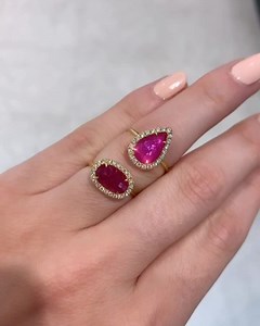 RUBY RUBY RUBY RUBY (sung in the tune of the Kaiser Chiefs song)🎶♥️🤩... These stunning rose-cut ruby & diamond rings are NEW IN and are completely unique, one-off pieces! Do you love them as much as we do?! Let us know which is your favourite 😍💎! • Oval: 18ct Yellow Gold 2.02ct Ruby w/ 0.16ct Diamond surround: £2450.00 • Pear: 18ct Yellow Gold 1.24ct Ruby w/ 0.23ct Diamond surround: £1450.00 • • • #ruby #rubyring #rubyanddiamond #gold #rings #ringinspo #rosecutruby #diamondring #jewelleryadd