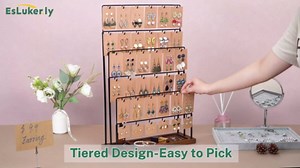 EsLuker.ly Earring Card Display Stand for Vendors Events Selling, Earring Holder Rack Metal 6 Tier 36 Hooks with Wooden Base, Large Capacity Showcase Your Jewelry at Any Event, Black