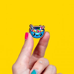 Cereal Bowl Pin or Magnet: Kawaii Food Illustration on Cherry Wood - Etsy