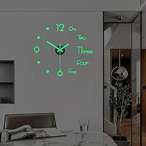 3D DIY Wall Clock, LuminousFramelessSilent Living Room Dining Room Simple 3D Wall Sticker Wall Clock Creative Luminous DIY Acrylic Punch-Free Quartz Clock (15IN, Black)