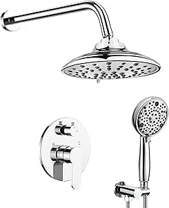 EMBATHER Shower Faucets Sets Complete with 3 Setting High Pressure Shower Head, Bathroom Wall Mounted Rainfall Shower Fixtures with 8-Mode Handheld Spray, Polished Chrome