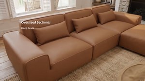 134" Oversized Minimalist-Modern Modular Sectional Sofa, Low Profile Feather Deep Seats Upholstered in Imitation Leather, Gray | Feather Down Filled
