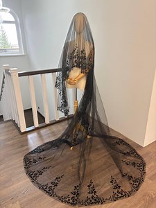 Black Two-tier Cathedral Veil With Floral Embroidery and Metal Comb | Dramatic Gothic Wedding Veil - Etsy