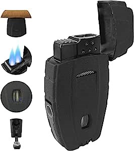 All-in-one Cigar Lighter with Cigar Punch, LAFULI Double Jet Flame Cigar Lighters Torch with Oil Window for Men, Refillable and Adjustable Lighter for Candle Camping (Without Butane)