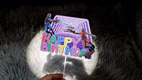 Laser Gun Game Cake Topper for Boys Girls Adult Happy Birthday Gun Game Laser Party Supplies Favors Glitter Neon Cake Decorations