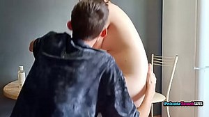 Fucking in the kitchen while Russian Stepsister cooking in dress sexy robe