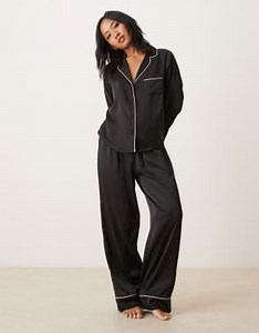 ASOS DESIGN Petite satin shirt & pants pajama set in black | ASOS