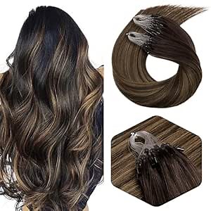 Micro Loop Hair Extensions Dark Brown Highlights with Camel Blonde #2/8/2 Microbead Extensions Human Hair 1g/Strand 50g Microlink Hair Extensions 20inch